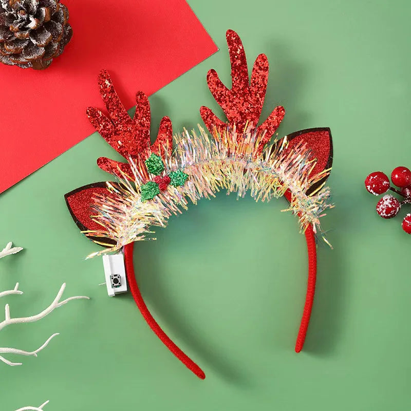 Festive Christmas Headband | Red & Green Beads, Golden Accents & Bell Charms | Hand-Wrapped Polyester Party Accessory